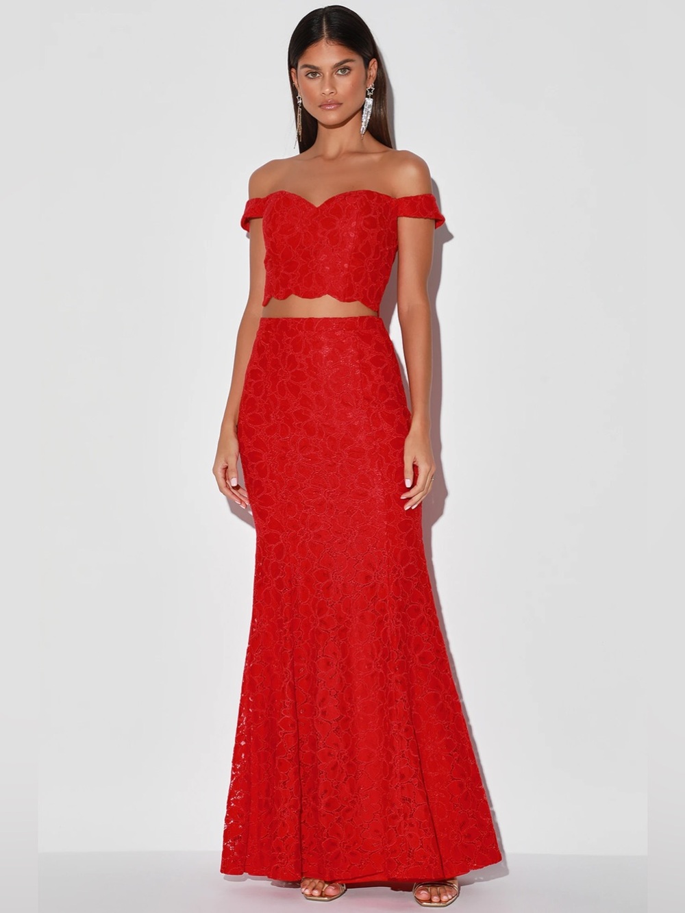 Lulus A Thousand Words Red Lace Off Shoulder Two Piece Maxi Dress